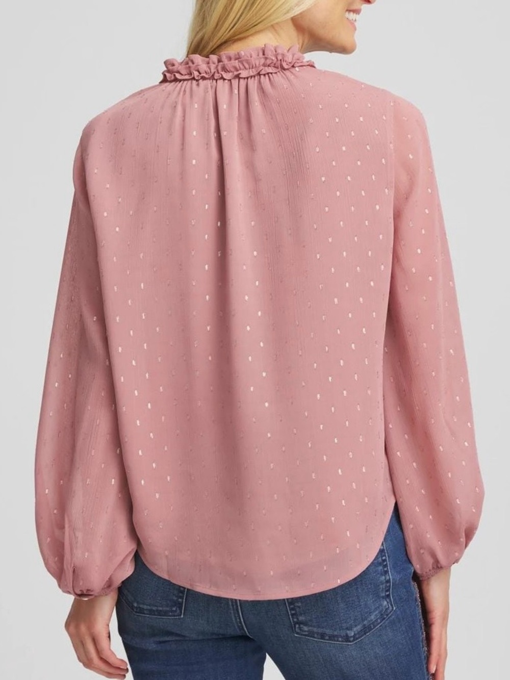 NWT Chicos Dusty Rose Metallic Clip Dot Ruffleneck Blouse • Size 1 / US M • $100 - Picture 3 of 12